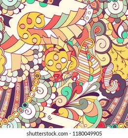 Tracery seamless pattern. Mehndi design. Ethnic colorful doodle texture. Curved doodling background. Vector