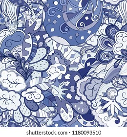 Tracery seamless pattern. Mehndi design. Ethnic colorful doodle texture. Curved doodling background. Vector