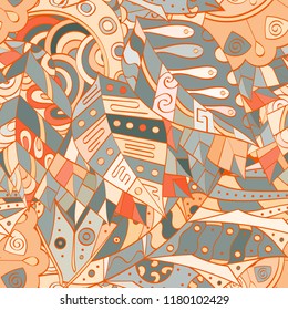 Tracery seamless pattern. Mehndi design. Ethnic colorful doodle texture. Curved doodling background. Vector
