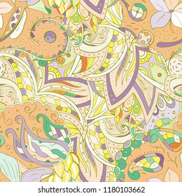Tracery seamless pattern. Mehndi design. Ethnic colorful doodle texture. Curved doodling background. Vector