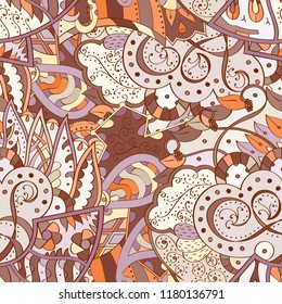 Tracery seamless pattern. Mehndi design. Ethnic colorful doodle texture. Curved doodling background. Vector