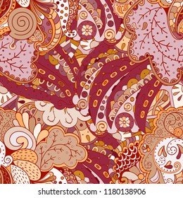 Tracery seamless pattern. Mehndi design. Ethnic colorful doodle texture. Curved doodling background. Vector