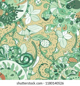 Tracery seamless pattern. Mehndi design. Ethnic colorful doodle texture. Curved doodling background. Vector