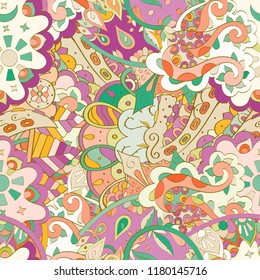 Tracery seamless pattern. Mehndi design. Ethnic colorful doodle texture. Curved doodling background. Vector