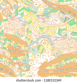 Tracery seamless pattern. Mehndi design. Ethnic colorful doodle texture. Curved doodling background. Vector