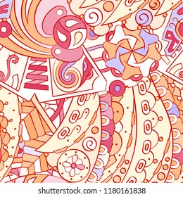 Tracery seamless pattern. Mehndi design. Ethnic colorful doodle texture. Curved doodling background. Vector