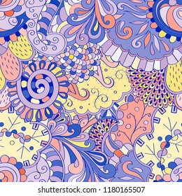 Tracery seamless pattern. Mehndi design. Ethnic colorful doodle texture. Curved doodling background. Vector