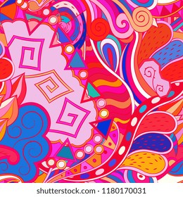 Tracery seamless pattern. Mehndi design. Ethnic colorful doodle texture. Curved doodling background. Vector
