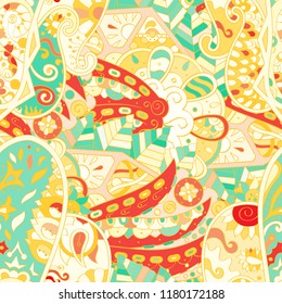 Tracery seamless pattern. Mehndi design. Ethnic colorful doodle texture. Curved doodling background. Vector