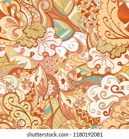 Tracery seamless pattern. Mehndi design. Ethnic colorful doodle texture. Curved doodling background. Vector