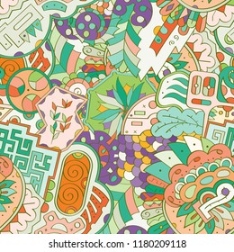 Tracery seamless pattern. Mehndi design. Ethnic colorful doodle texture. Curved doodling background. Vector