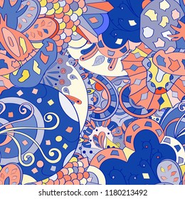 Tracery seamless pattern. Mehndi design. Ethnic colorful doodle texture. Curved doodling background. Vector