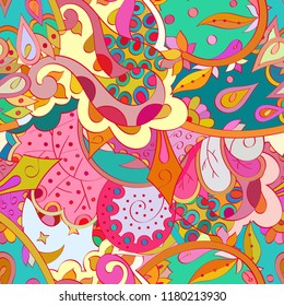 Tracery seamless pattern. Mehndi design. Ethnic colorful doodle texture. Curved doodling background. Vector