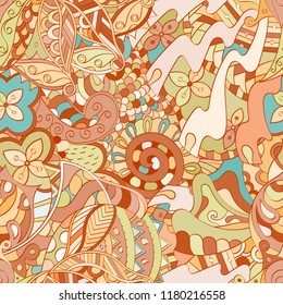Tracery seamless pattern. Mehndi design. Ethnic colorful doodle texture. Curved doodling background. Vector