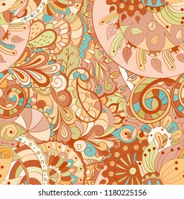 Tracery seamless pattern. Mehndi design. Ethnic colorful doodle texture. Curved doodling background. Vector