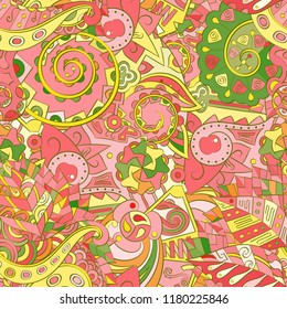 Tracery seamless pattern. Mehndi design. Ethnic colorful doodle texture. Curved doodling background. Vector