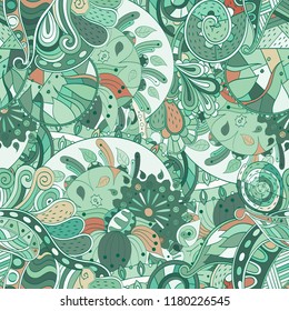 Tracery seamless pattern. Mehndi design. Ethnic colorful doodle texture. Curved doodling background. Vector