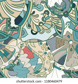 Tracery seamless pattern. Mehndi design. Ethnic colorful doodle texture. Curved doodling background. Vector