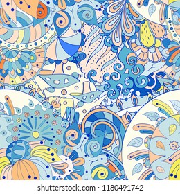 Tracery seamless pattern. Mehndi design. Ethnic colorful doodle texture. Curved doodling background. Vector