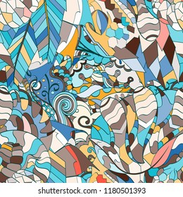 Tracery seamless pattern. Mehndi design. Ethnic colorful doodle texture. Curved doodling background. Vector