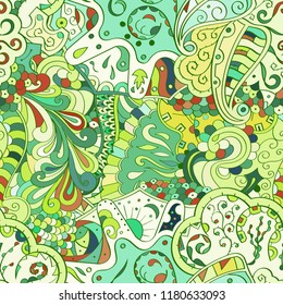 Tracery seamless pattern. Mehndi design. Ethnic colorful doodle texture. Curved doodling background. Vector
