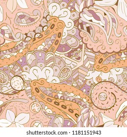 Tracery seamless pattern. Mehndi design. Ethnic colorful doodle texture. Curved doodling background. Vector