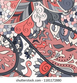 Tracery seamless pattern. Mehndi design. Ethnic colorful doodle texture. Curved doodling background. Vector