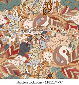 Tracery seamless pattern. Mehndi design. Ethnic colorful doodle texture. Curved doodling background. Vector