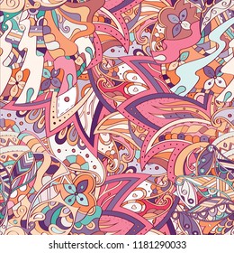 Tracery seamless pattern. Mehndi design. Ethnic colorful doodle texture. Curved doodling background. Vector