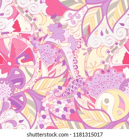 Tracery seamless pattern. Mehndi design. Ethnic colorful doodle texture. Curved doodling background. Vector