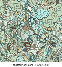 Tracery seamless pattern. Mehndi design. Ethnic colorful doodle texture. Curved doodling background. Vector