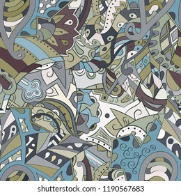Tracery seamless pattern. Mehndi design. Ethnic colorful doodle texture. Curved doodling background. Vector