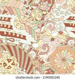 Tracery seamless pattern. Mehndi design. Ethnic colorful doodle texture. Curved doodling background. Vector