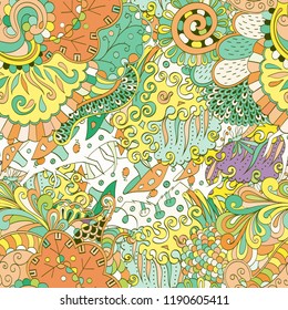 Tracery seamless pattern. Mehndi design. Ethnic colorful doodle texture. Curved doodling background. Vector