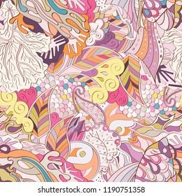 Tracery seamless pattern. Mehndi design. Ethnic colorful doodle texture. Curved doodling background. Vector