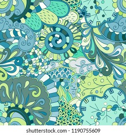 Tracery seamless pattern. Mehndi design. Ethnic colorful doodle texture. Curved doodling background. Vector