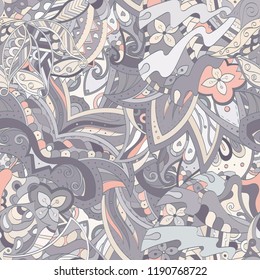 Tracery seamless pattern. Mehndi design. Ethnic colorful doodle texture. Curved doodling background. Vector