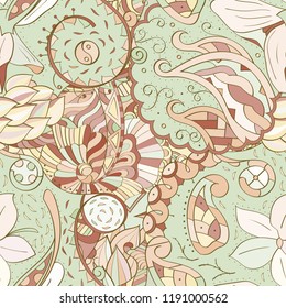 Tracery seamless pattern. Mehndi design. Ethnic colorful doodle texture. Curved doodling background. Vector