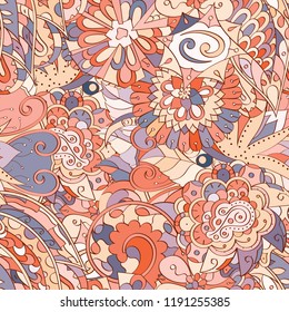 Tracery seamless pattern. Mehndi design. Ethnic colorful doodle texture. Curved doodling background. Vector