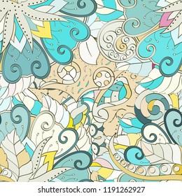 Tracery seamless pattern. Mehndi design. Ethnic colorful doodle texture. Curved doodling background. Vector
