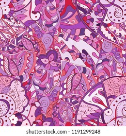 Tracery seamless pattern. Mehndi design. Ethnic colorful doodle texture. Curved doodling background. Vector