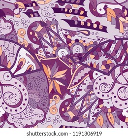 Tracery seamless pattern. Mehndi design. Ethnic colorful doodle texture. Curved doodling background. Vector