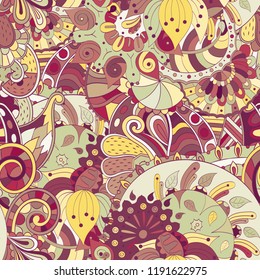 Tracery seamless pattern. Mehndi design. Ethnic colorful doodle texture. Curved doodling background. Vector
