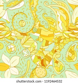 Tracery seamless pattern. Mehndi design. Ethnic colorful doodle texture. Curved doodling background. Vector