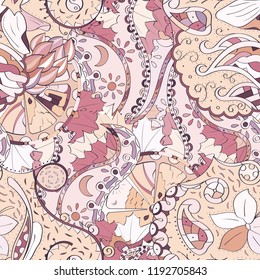 Tracery seamless pattern. Mehndi design. Ethnic colorful doodle texture. Curved doodling background. Vector