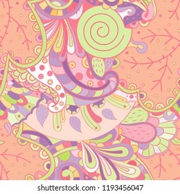 Tracery seamless pattern. Mehndi design. Ethnic colorful doodle texture. Curved doodling background. Vector