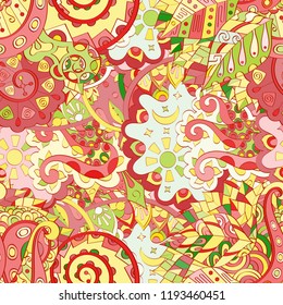 Tracery seamless pattern. Mehndi design. Ethnic colorful doodle texture. Curved doodling background. Vector