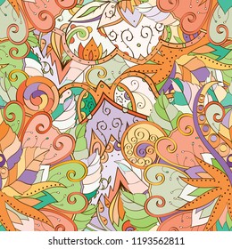Tracery seamless pattern. Mehndi design. Ethnic colorful doodle texture. Curved doodling background. Vector