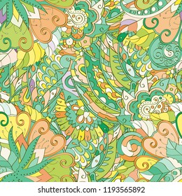 Tracery seamless pattern. Mehndi design. Ethnic colorful doodle texture. Curved doodling background. Vector