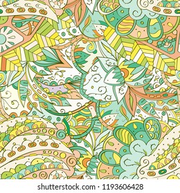 Tracery seamless pattern. Mehndi design. Ethnic colorful doodle texture. Curved doodling background. Vector